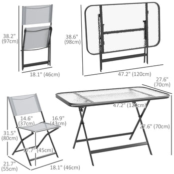 Table de salle à manger et chaises de patio pliables 5 pièces, ensemble de salle à manger d'extérieur pour 4 personnes avec grande table rectangulaire en verre et 4 chaises empilables pour véranda, jardin, terrasse, gris