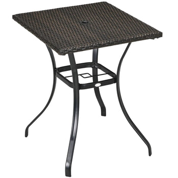 Table de salle à manger en osier avec trou pour parasol, table basse d'extérieur en rotin PE avec planche en plastique sous le dessus de table tissé pour terrasse, jardin, balcon, marron mélangé