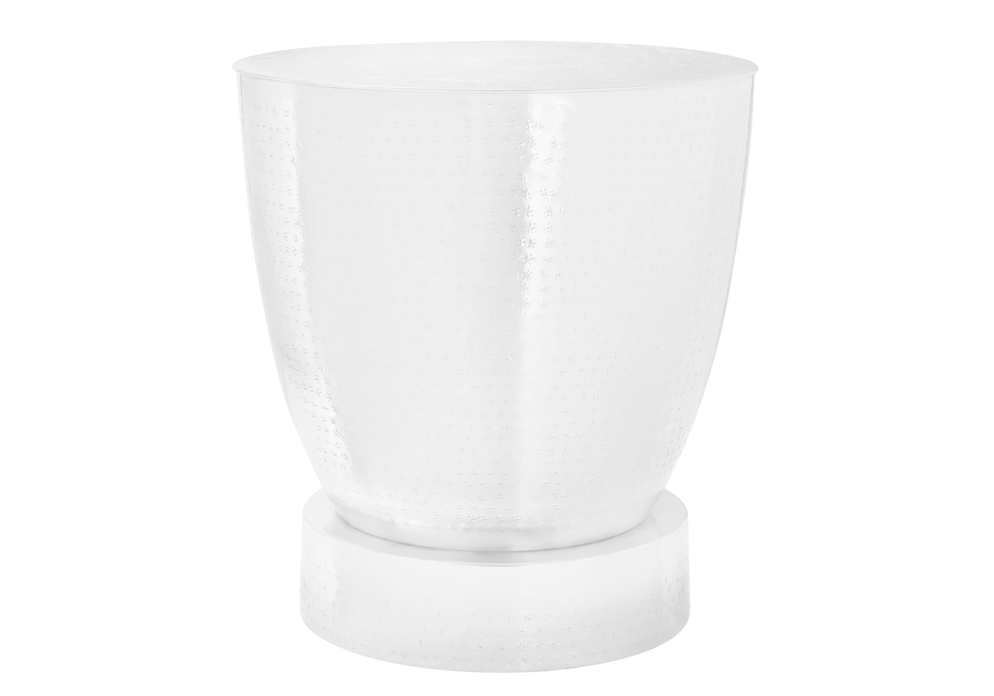 TABLE DE CHEVET - 56 cm H / TAMBOUR EN MÉTAL TEXTURÉ BLANC / I 3921
