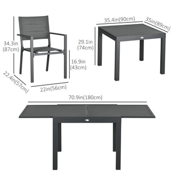 Ensemble de salle à manger de patio 7 pièces pour 6 personnes, table d'extérieur extensible en aluminium, chaise empilable à dossier haut, sièges en tissu maillé, gris foncé