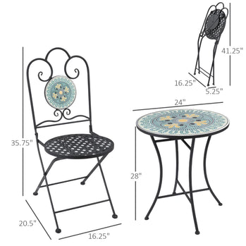 Ensemble bistro de Patio 3 pièces avec chaises pliantes, ensemble de café d'extérieur avec dessus en mosaïque pour jardin, balcon, bord de piscine, vert