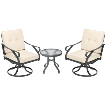 Ensemble de bistro d'extérieur 3 pièces, 2 chaises à bascule pivotantes et 1 table ronde en verre trempé avec coussin, mobilier de cour, de pelouse, de porche et de jardin, blancCouleur