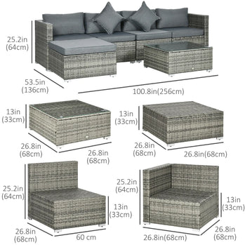 Ensemble de 6 meubles de patio en osier et rotin PE avec coussins épais, canapé sectionnel de jardin de luxe avec table en verre, gris mélangé et gris foncé