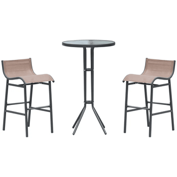 Ensemble de bar de patio 3 pièces, ensemble de bistro extérieur avec 2 tabourets de bar et 1 table de bar en verre trempé, ensemble de conversation de salle à manger, marron