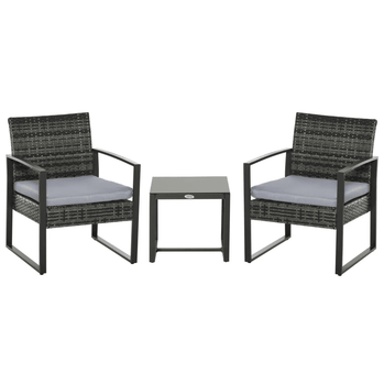 Ensemble de bistro en osier 3 pièces, mobilier d'extérieur en rotin, ensemble de conversation, table basse, chaise de jardin avec coussins et cadre en acier, gris