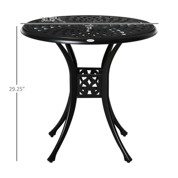 Table de salle à manger ronde de 30 pouces avec trou pour parasol, table de bistro d'extérieur en fonte d'aluminium antique, noire