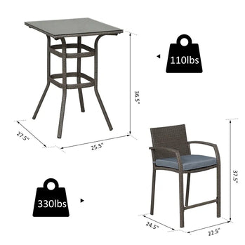 Ensemble de bar de patio 3 pièces, ensemble de bistro de jardin en osier, mobilier d'extérieur, table et tabourets en rotin PE avec coussin de siège, gris