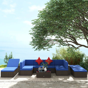 Ensemble de meubles de terrasse en osier 9 pièces avec coussin, bleu marine