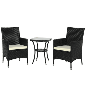 Ensemble de bistro de patio 3 pièces, meubles de porche d'extérieur en rotin PE avec deux fauteuils, table basse avec dessus en verre, noir