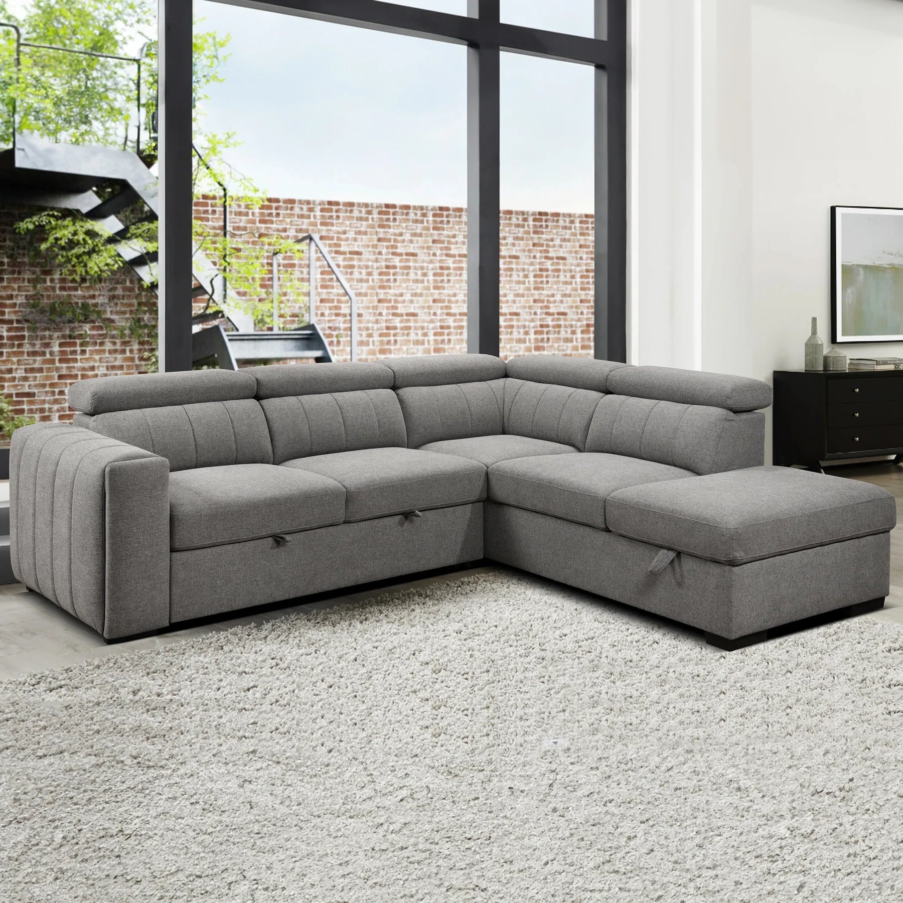 Sectionnel convertible avec chaise longue à droite, appuis-tête réglables et rangement