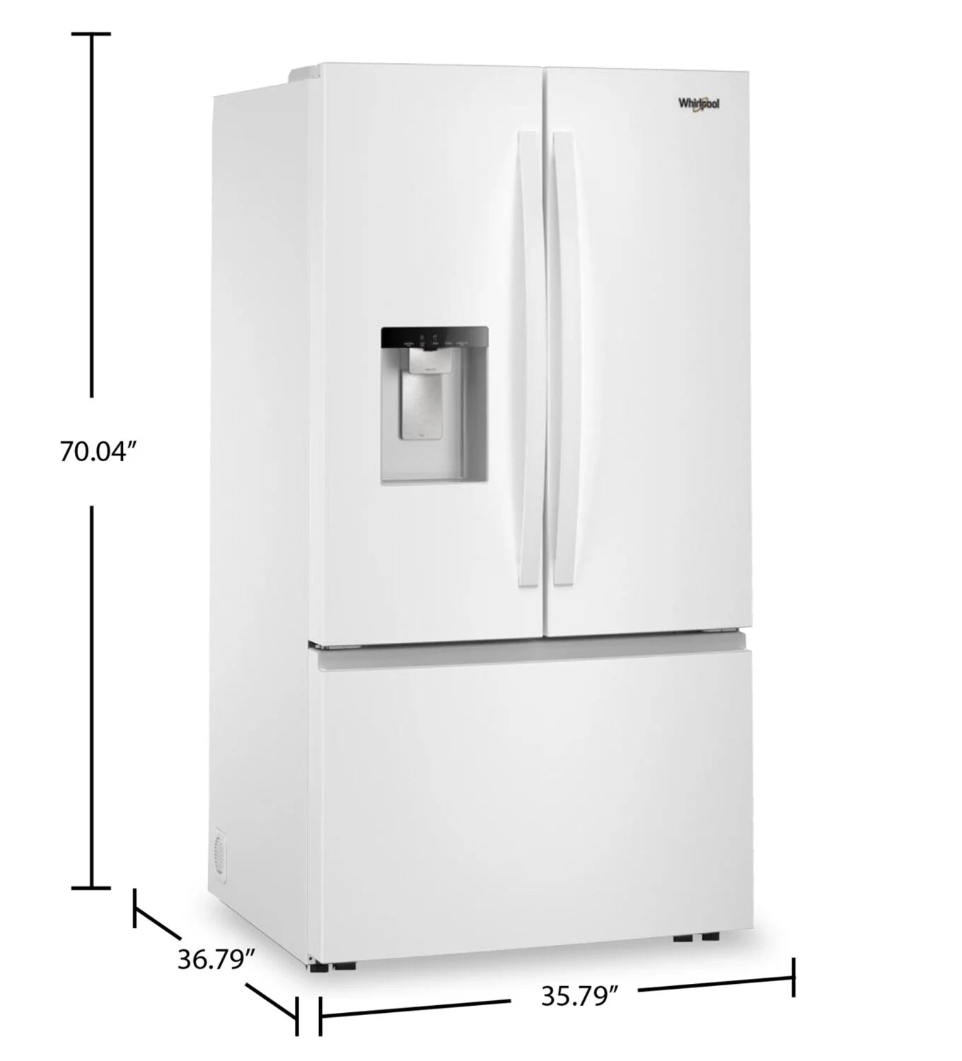 Réfrigérateur Whirlpool 36" 30 pi³ Portes Françaises Blanc avec Eau et Glace WRFF3536SW