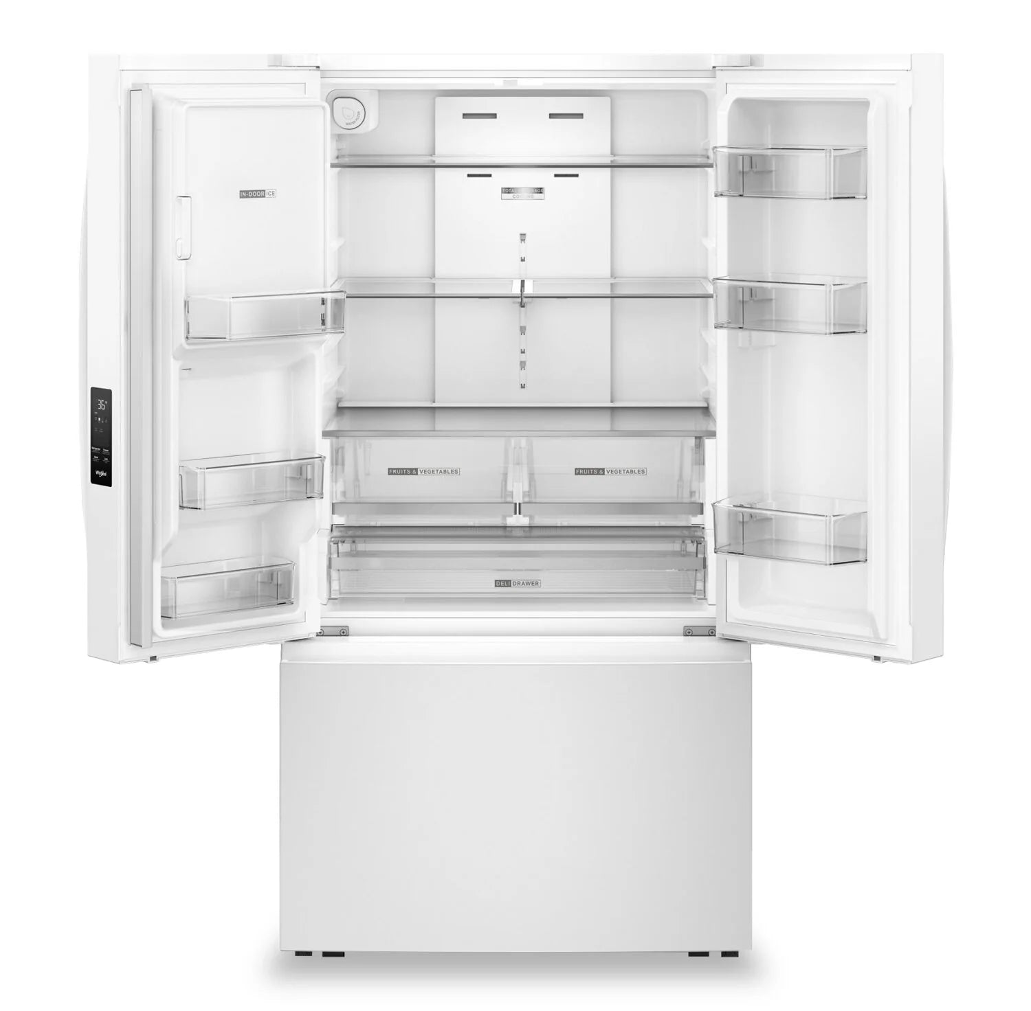 Réfrigérateur Whirlpool 36" 30 pi³ Portes Françaises Blanc avec Eau et Glace WRFF3536SW