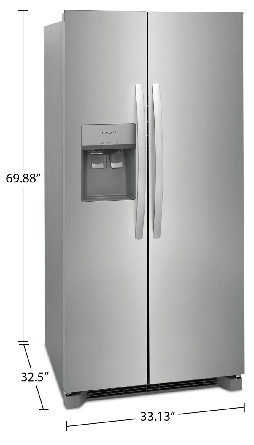 Frigidaire Réfrigérateur côte-à-côte de 33 po, 22,3 pi³ en acier inoxydable avec distributeur d'eau et de glaçons FRSS2323AS