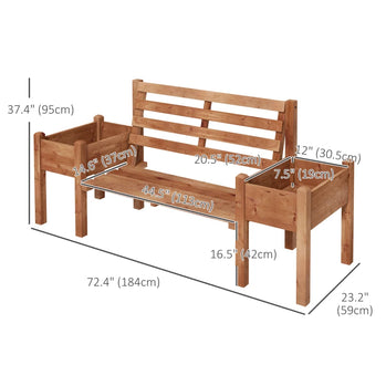 Banc d'extérieur en bois avec jardinières, banc de jardin 2 places avec siège et dossier à lattes, marron foncé