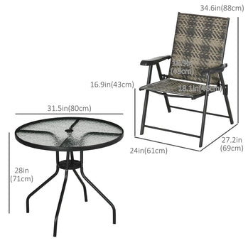 Ensemble de salle à manger de patio en osier 5 pièces, table de salle à manger de jardin ronde en verre de Φ 31,5 pouces avec trou pour parasol, fauteuil pliant en rotin PE pour l'extérieur, le camping, gris mélangé