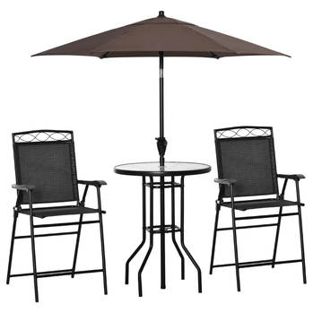 Ensemble de bar de patio 4 pièces, mobilier d'extérieur pliable avec parasol marron pour bord de piscine, arrière-cour et jardin, noir