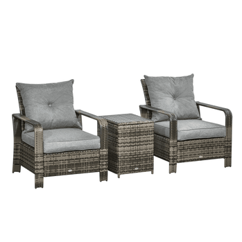 Ensemble bistro de terrasse 3 pièces avec 2 chaises rembourrées et 1 table d'appoint de rangement, ensemble de canapé de jardin en rotin PE avec housse de coussin amovible, gris