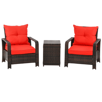 Ensemble bistro de terrasse 3 pièces avec 2 chaises rembourrées et 1 table d'appoint de rangement, ensemble de canapé de jardin en rotin PE avec housse de coussin amovible, rouge