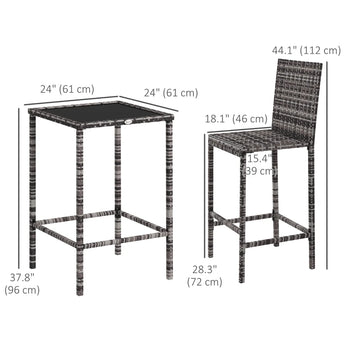 Ensemble de bar de patio 3 pièces, ensemble de bistro de jardin en osier et rotin, tabouret de bar et table pour patio, jardin, balcon, bord de piscine, gris