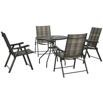 Ensemble de salle à manger de patio en osier 5 pièces, table de salle à manger de jardin ronde en verre de Φ 31,5 pouces avec trou pour parasol, fauteuil pliant en rotin PE pour l'extérieur, le camping, gris mélangé