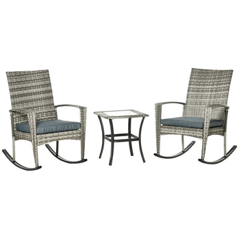 Ensemble de 3 chaises à bascule en osier pour patio, ensemble bistro d'extérieur en rotin PE, ensemble de conversation à bascule avec 2 chaises et 1 table basse pour jardin, terrasse, bord de piscine, gris