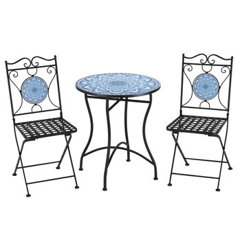 Ensemble de bistro extérieur 3 pièces, table basse de jardin avec plateau en mosaïque pour patio, balcon, bord de piscine, noir