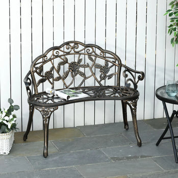 Banc de jardin extérieur de 40 po, banc de causeuse de parc de jardin de style rose antique en fonte d'aluminium pour jardin, porche, balcon, pelouse, bronze