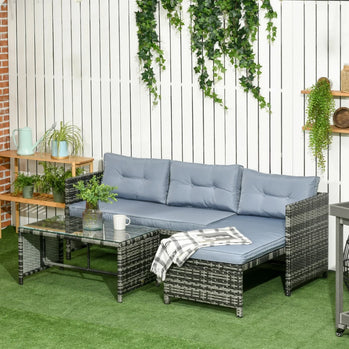 Ensemble de meubles de patio extérieur 3 pièces avec causeuse, chaise longue, table et coussins en verre trempé, ensemble de conversation sectionnel en osier et rotin pour jardin, gris