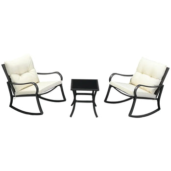 Ensemble de 3 chaises à bascule en osier pour patio, meubles d'extérieur en rotin PE avec 2 bascules et 1 table basse avec coussins rembourrés pour terrasse, cour, jardin, blanc crème