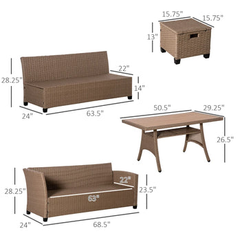 Ensemble de meubles de patio 6 pièces, ensemble de table à manger d'extérieur, ensemble de canapé en osier, meubles de conversation en rotin PE toutes saisons, avec table basse et coussins en plastique à grain de bois, kaki