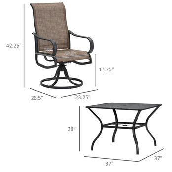 Ensemble de salle à manger d'extérieur 5 pièces, 4 chaises à bascule pivotantes et table de salle à manger 37" x 37" avec trou pour parasol pour jardin, pelouse et jardin, noir (parapluie non inclus)