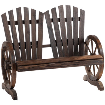 Banc de jardin extérieur, banc de patio en bois à 2 places avec accoudoirs en forme de roue pour cour, couleur carbonisée