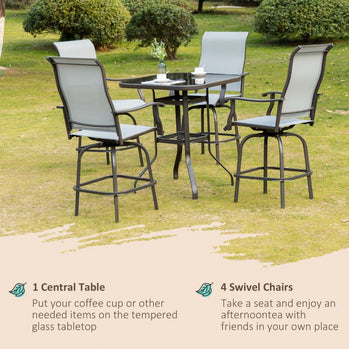 Ensemble de meubles de patio 5 pièces, ensemble de conversation de jardin extérieur avec table en verre trempé, 4 chaises pivotantes et trou pour parasol, gris