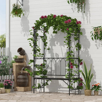 Arche de tonnelle de jardin féérique de 80 pouces de haut avec banc, treillis de Support pour plantes grimpantes d'extérieur en métal avec banc 2 places pour vignes de roses, noir