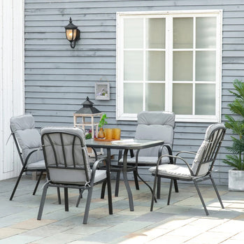 Ensemble de salle à manger de jardin carré extérieur 5 pièces avec table à manger en verre trempé, 4 fauteuils rembourrés, trou pour parasol, gris