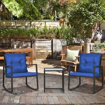 Ensemble bistro à bascule 3 pièces, meubles de patio extérieur en osier avec table basse en verre et chaises à bascule extérieures pour porche, ensembles de conversation avec coussins épais, bleu