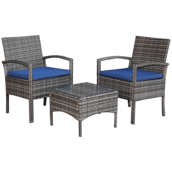 Ensemble de café en rotin et osier, 3 pièces, chaises et Table de jardin, mobilier d'extérieur, tous temps, avec coussin bleu