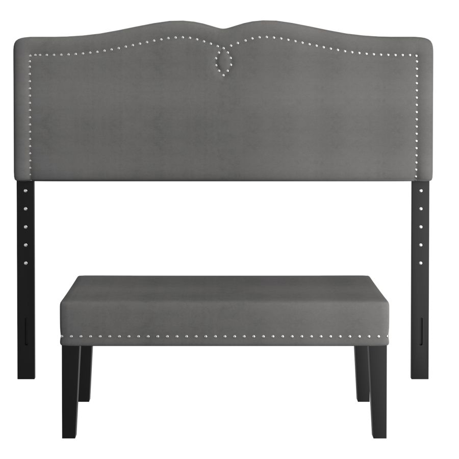 Aurora dûbele / keninginne ferstelbere hichte headboard mei bankje yn griis