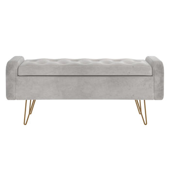 Pouf/banc de rangement Sabel gris avec pattes dorées vieillies