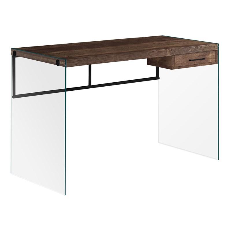 BUREAU D'ORDINATEUR - 48"L / BOIS DE RÉCUPÉRATION BRUN/ PANNEAUX DE VERRE