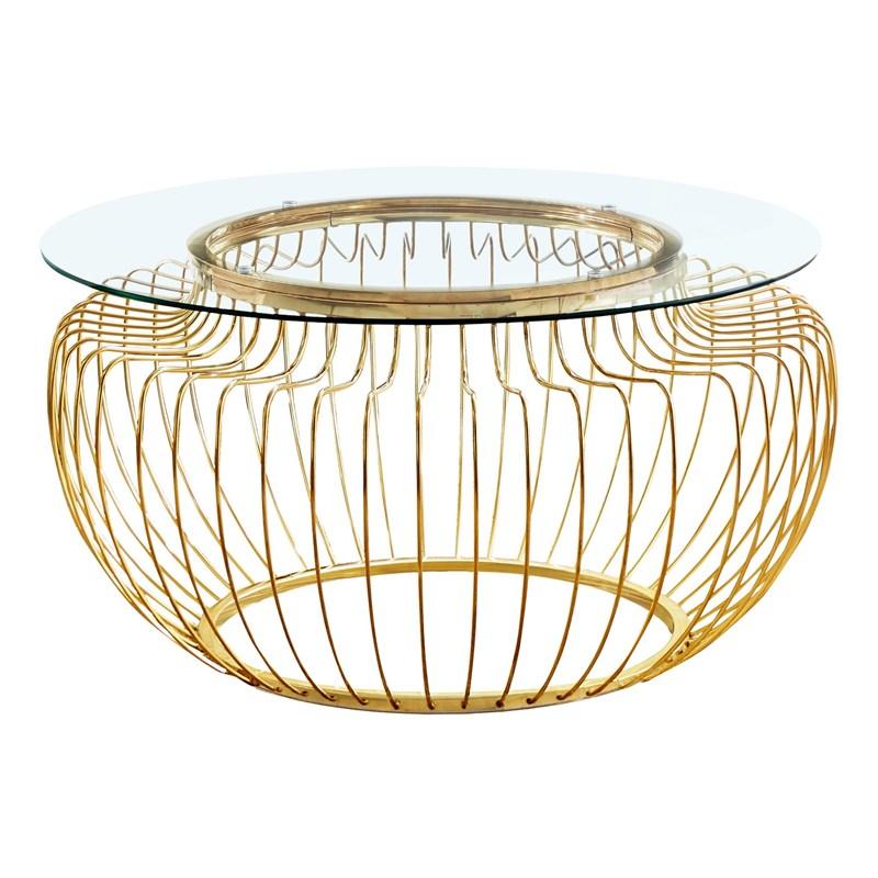 TABLE BASSE - 36"DIA / MÉTAL DORÉ AVEC VERRE TREMPÉ