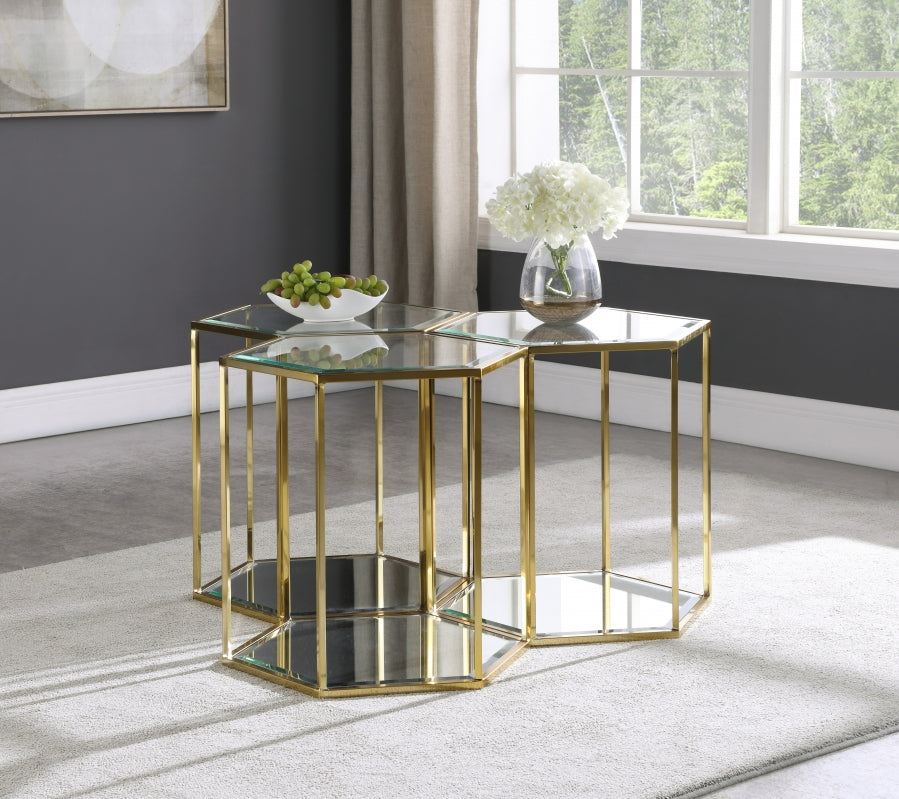 Trio de Tables Gigognes SEI : Or Brossé, Verre et Miroir