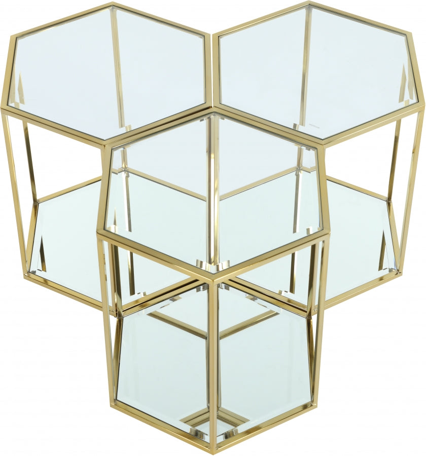 Trio de Tables Gigognes SEI : Or Brossé, Verre et Miroir