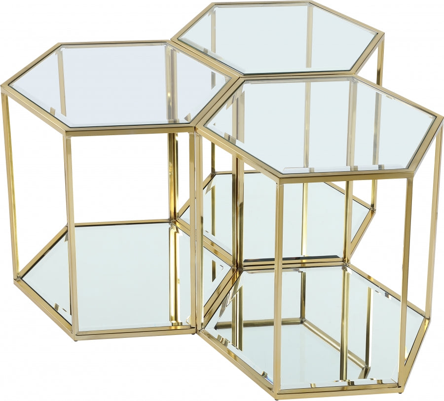 Trio de Tables Gigognes SEI : Or Brossé, Verre et Miroir