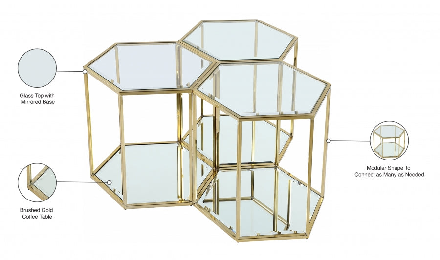 Trio de Tables Gigognes SEI : Or Brossé, Verre et Miroir