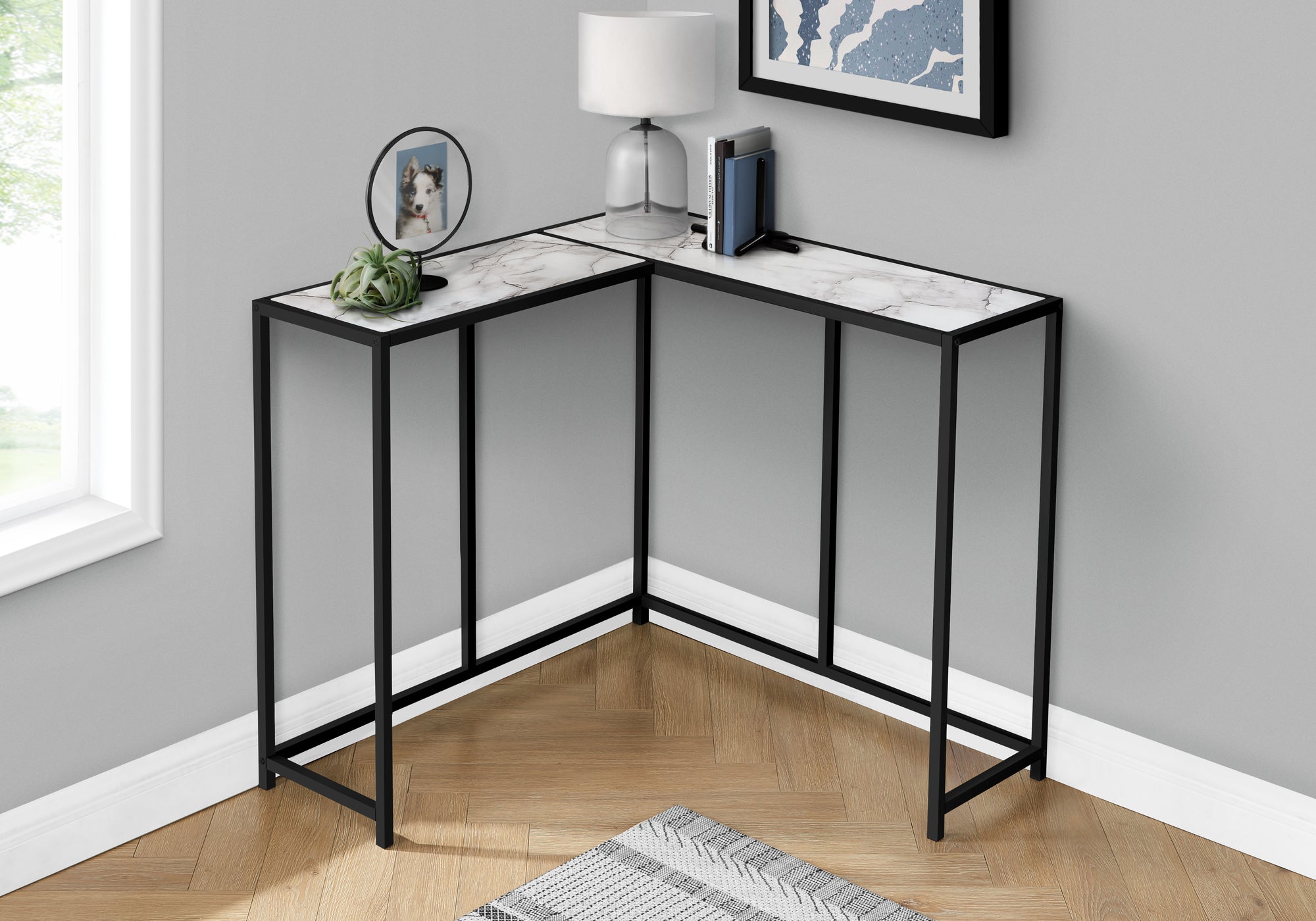 TABLE D'APPOINT - 36"L / MARBRE BLANC / CONSOLE DE COIN NOIR