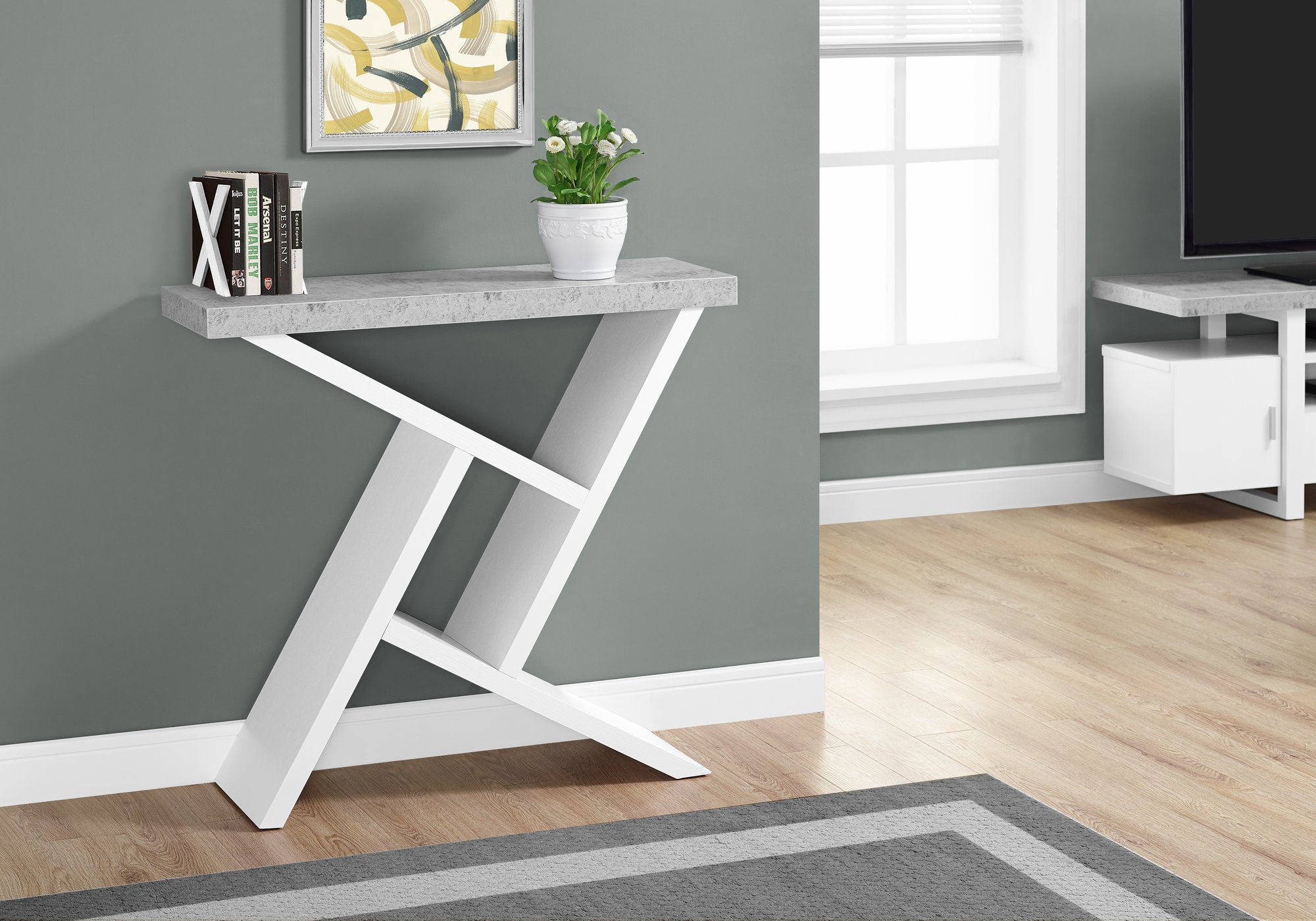 TABLE D'APPOINT - 36"L / BLANC / CONSOLE D'ENTREE ASPECT CIMENT
