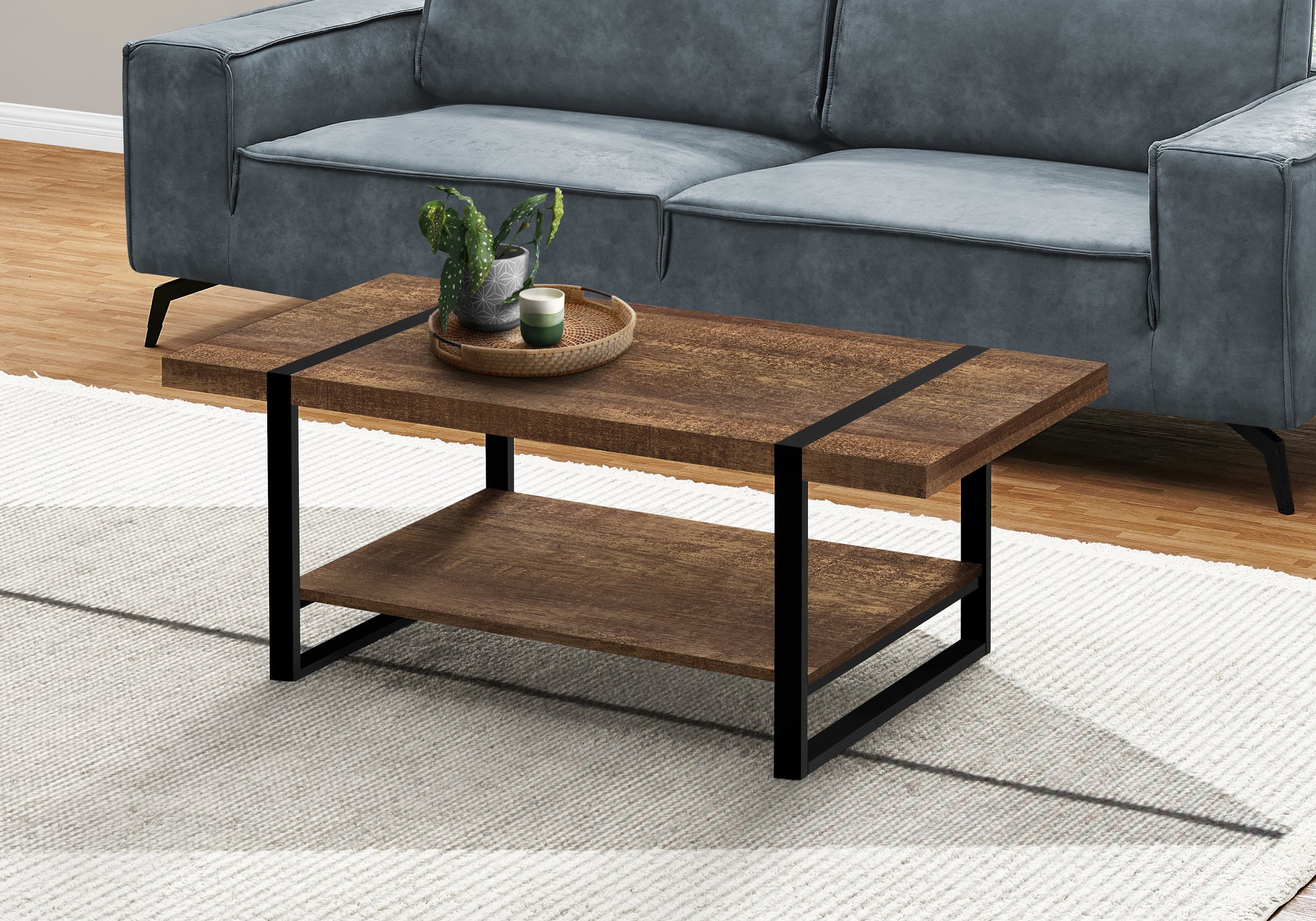 TABLE BASSE - SIMILI BOIS BRUN / MÉTAL NOIR