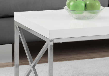 TABLE BASSE - BLANC BRILLANT AVEC MÉTAL CHROMÉ 