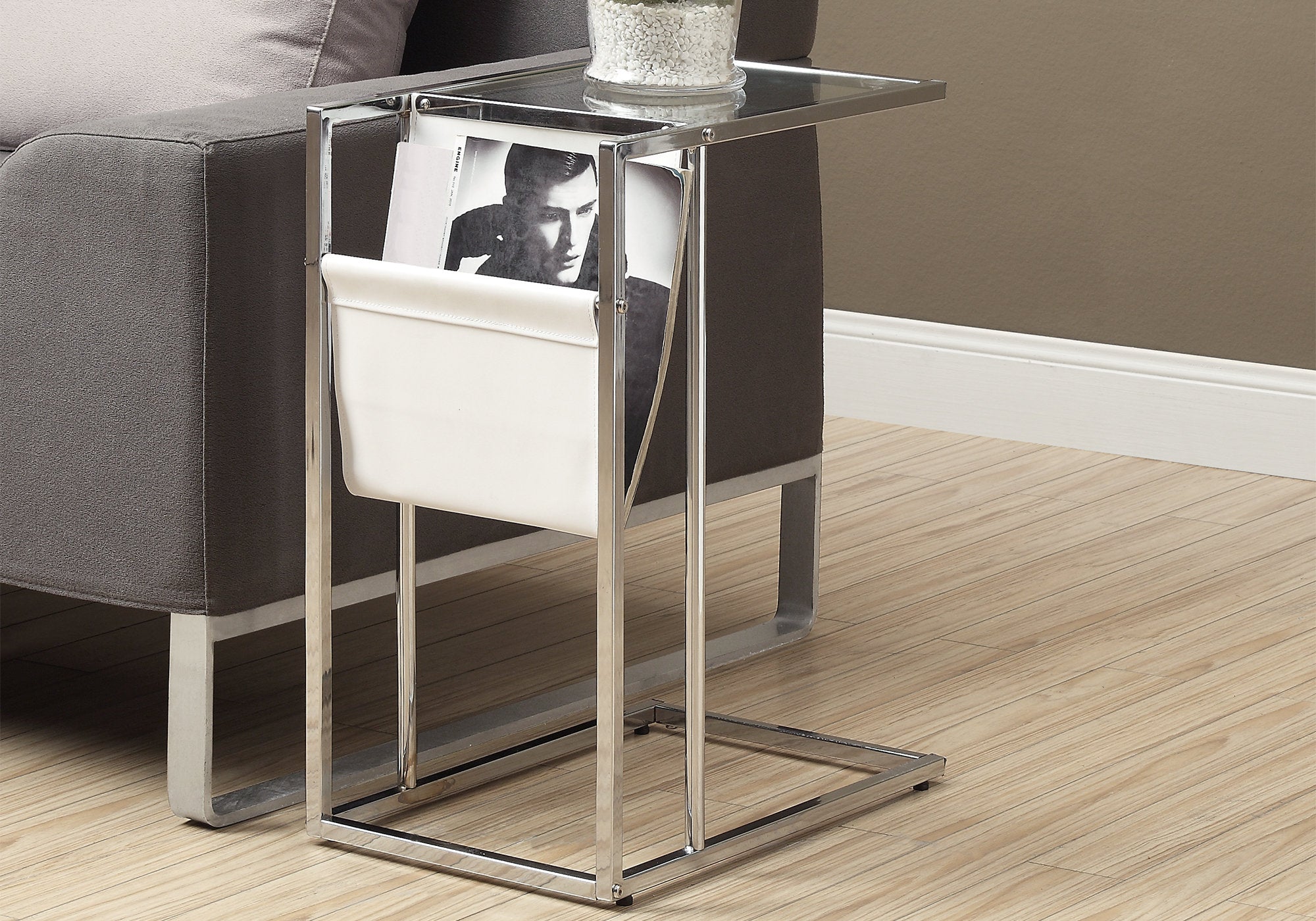 TABLE D'APPOINT - BLANC / MÉTAL CHROMÉ AVEC PORTE-REVUES
